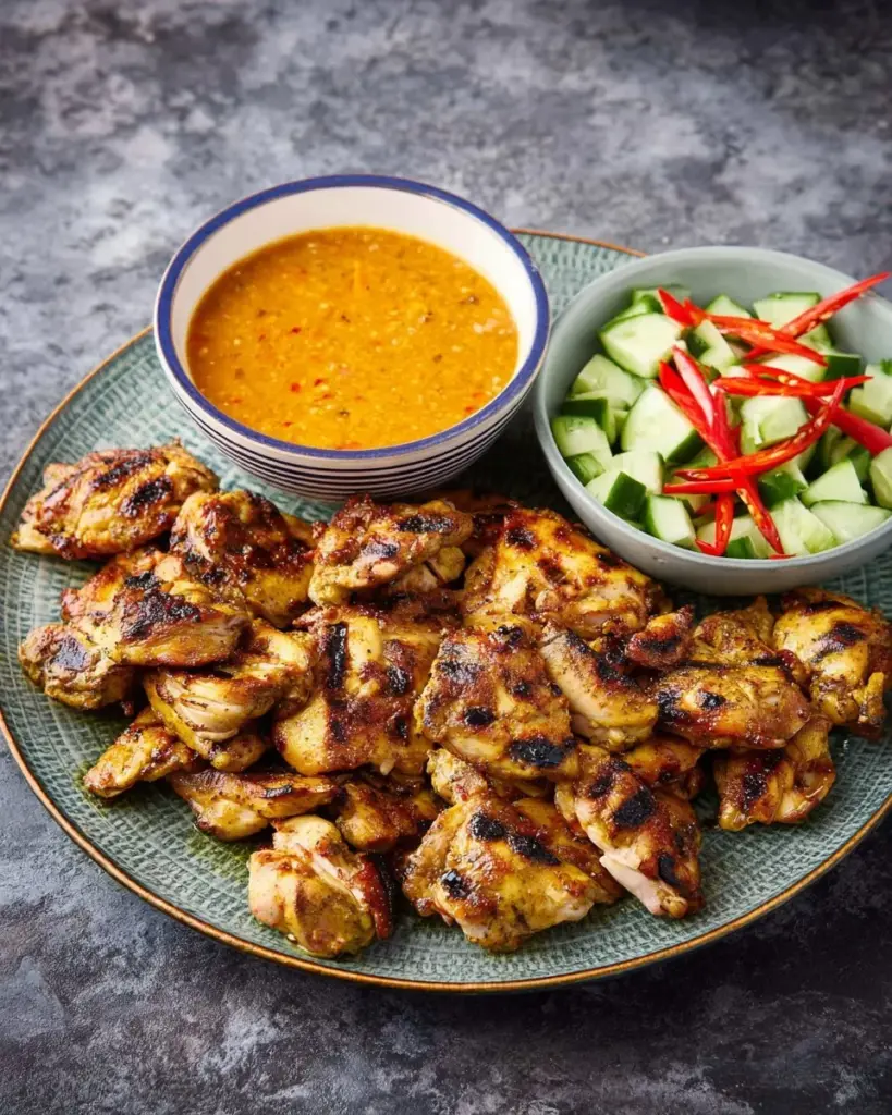 Einfache Thai-Hühnchen-Satay mit Erdnuss-Sauce auf dem Grill