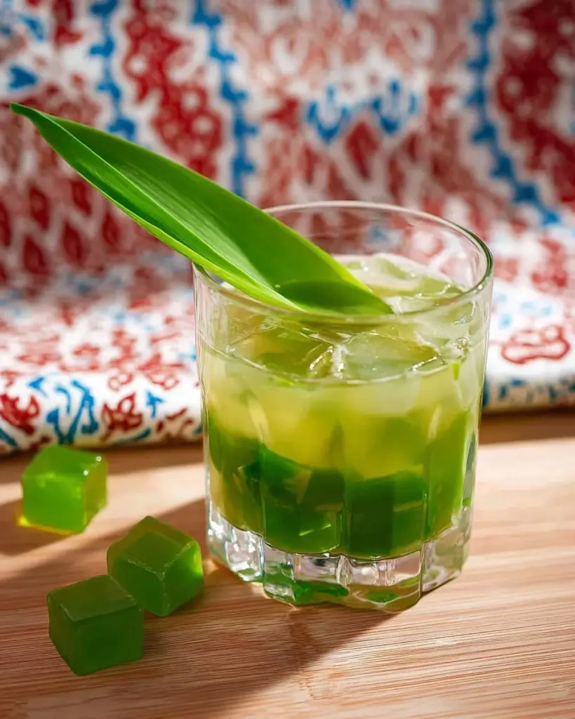 Erfrischender Pandan Lemongrass Jelly Eistee in einem Glas serviert