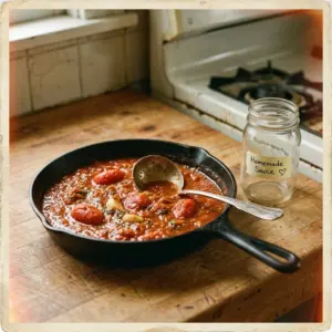 Hausgemachte Spaghetti-Sauce in einer Schüssel, garniert mit frischen Kräutern.