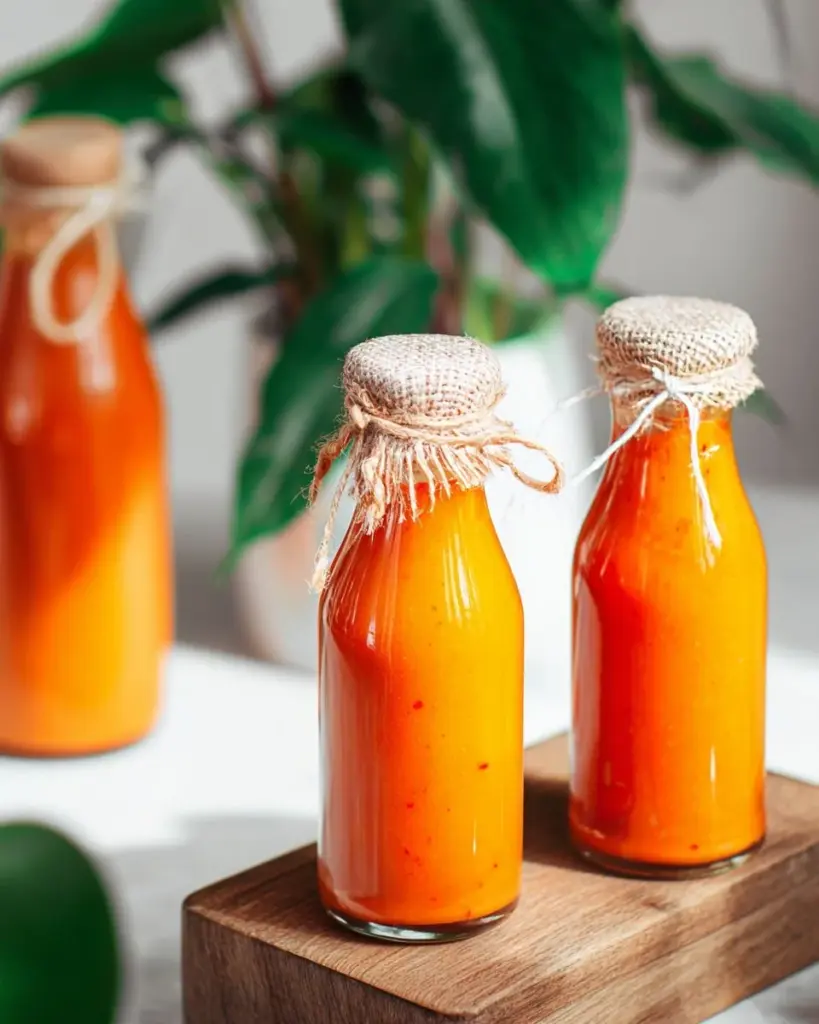 Hausgemachte Sriracha-Sauce in einem Glas mit frischen Zutaten