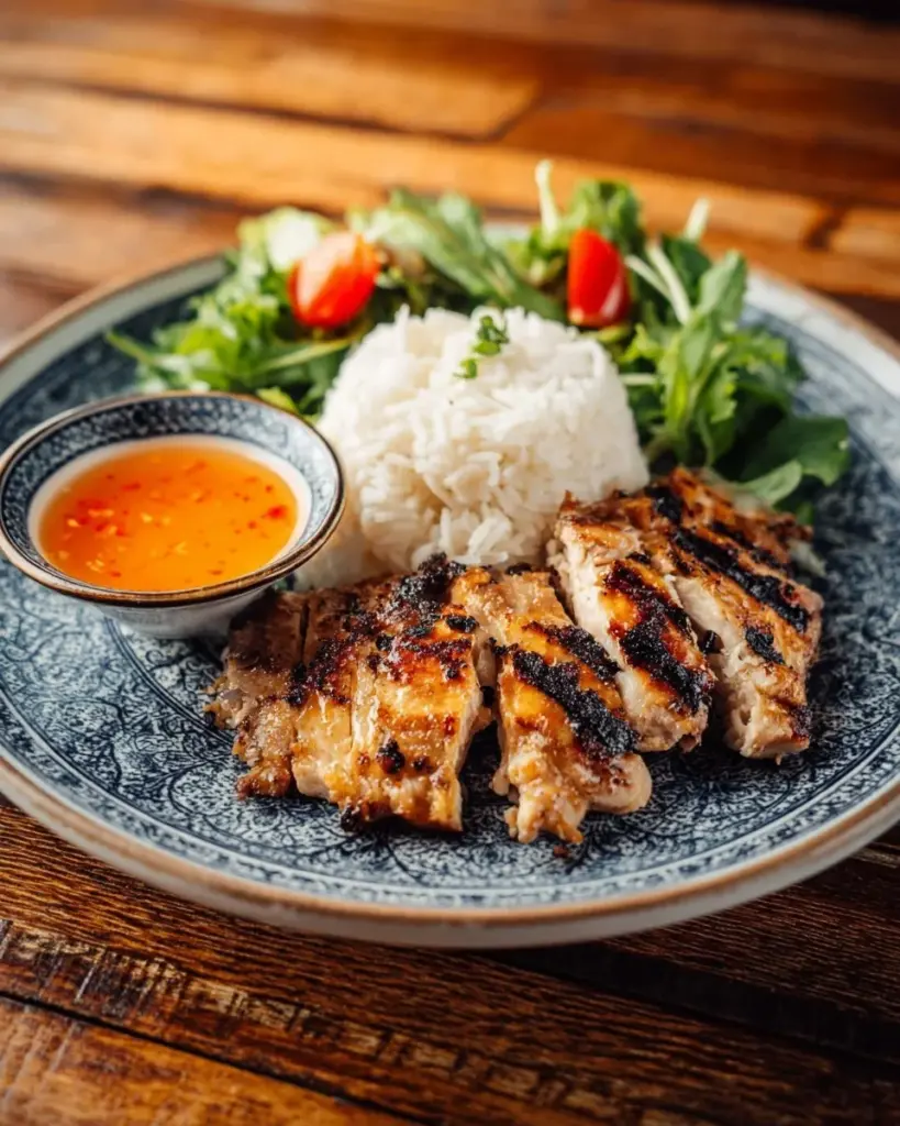 Gegrillte Zitronengras-Hähnchen mit vietnamesischer Dip-Sauce auf einem Grill
