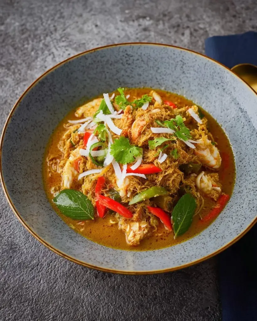 Herzhafte thailändische Curry-Krabben-Pfanne mit frischen Zutaten serviert.
