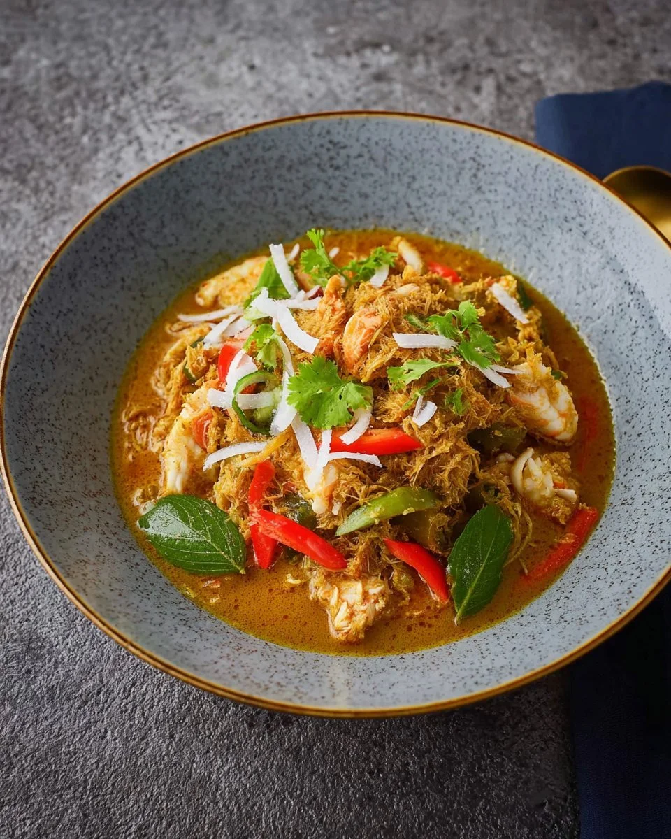 Herzhafte thailändische Curry-Krabben-Pfanne mit frischen Zutaten serviert.