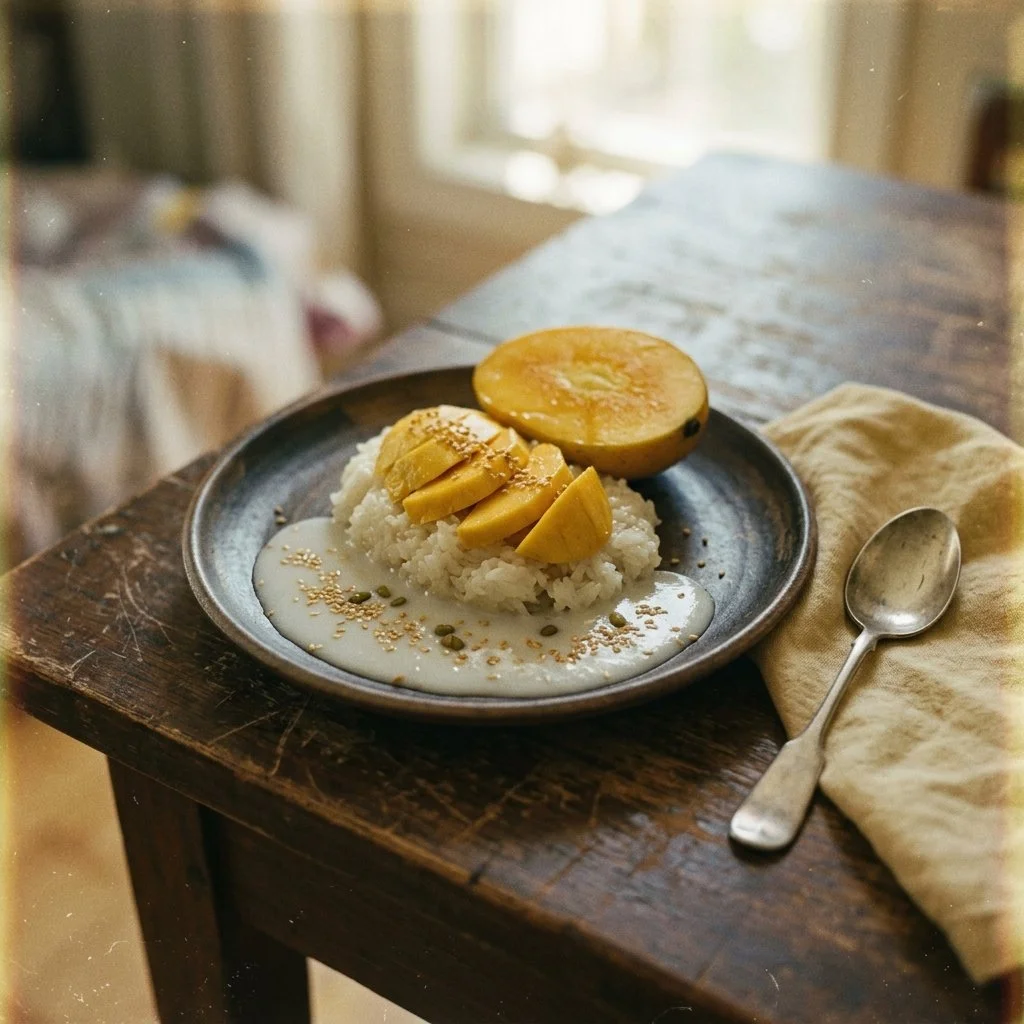 Himmlischer Klebreis mit Mango serviert in einer Schüssel