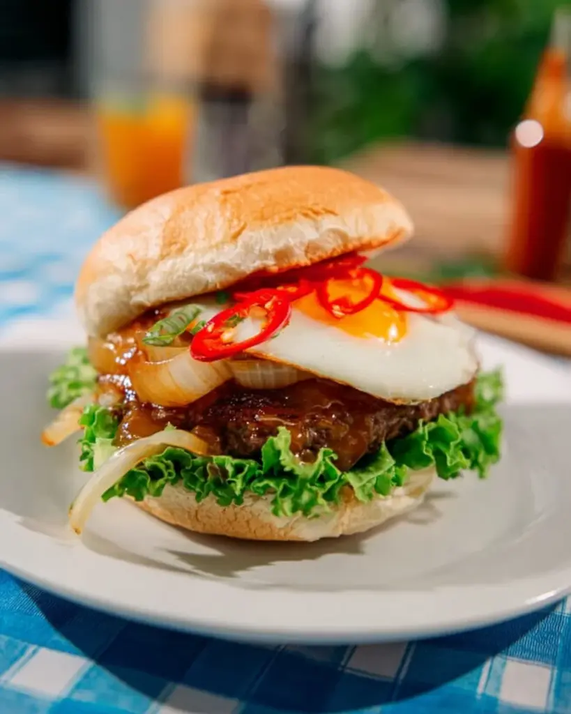 Himmlischer Massaman-Curry-Burger mit aromatischer Sauce und frischen Zutaten