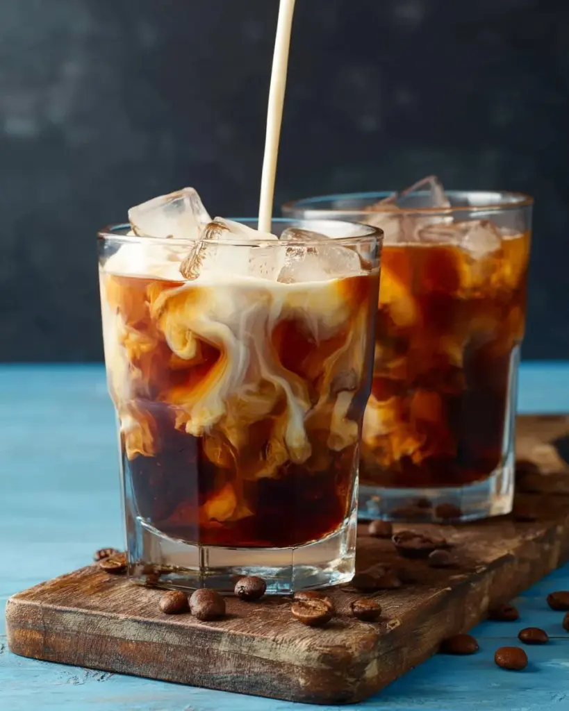 Himmlischer Thai Eiskaffee in einem Glas mit Eiswürfeln und dekorativen Toppings.