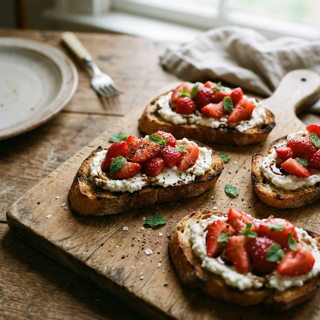 Erdbeer-Ricotta-Bruschetta mit frischen Erdbeeren auf geröstetem Brot
