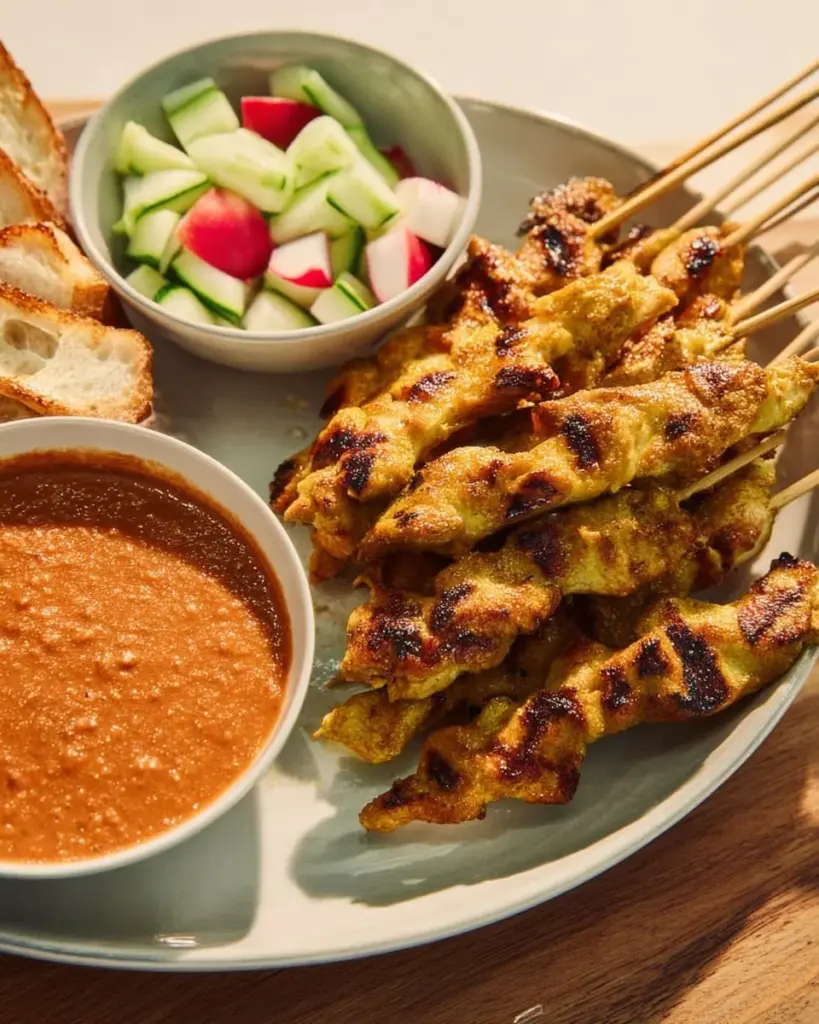 Gegrilltes Schweine-Satay mit inspirierender Erdnusssauce und frischen Kräutern