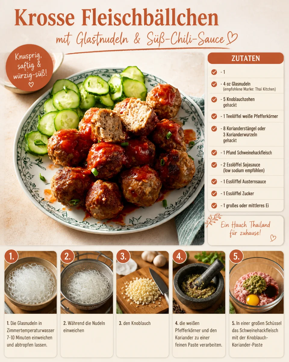 Krosse Fleischbällchen mit Glasnudeln & Süß-Chili-Sauce