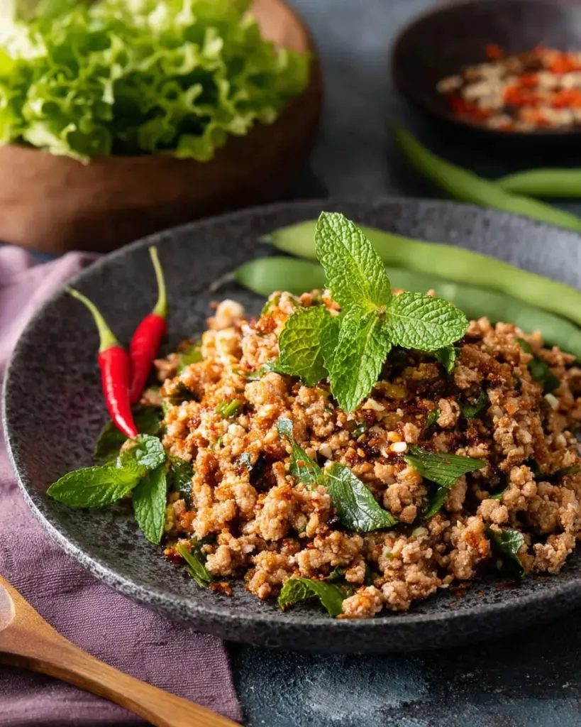 Laab Gai, ein scharfer Thai Chicken Salad mit frischen Zutaten