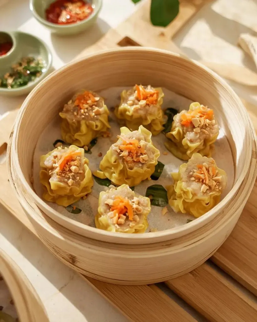 Leckere Garnelen- und Schweinefleisch-Dumplings auf einem Teller