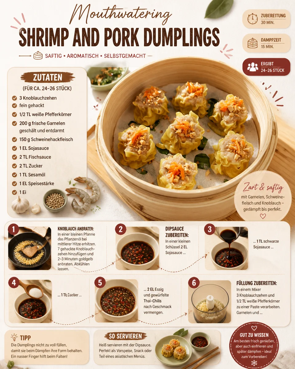 Lippenleckende Garnelen- und Schweinefleisch-Dumplings