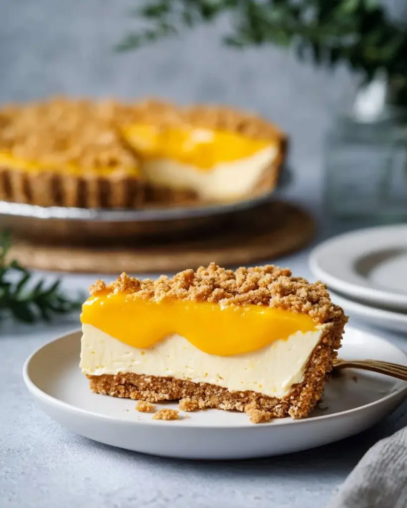 No-Bake Mango Creme Kuchen mit Mango Royale auf einem Teller