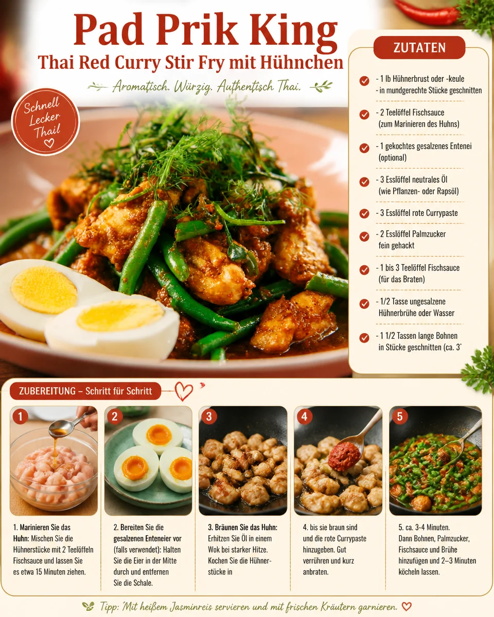 Pad Prik King Thai Rotes Curry Wokgericht mit Hühnchen