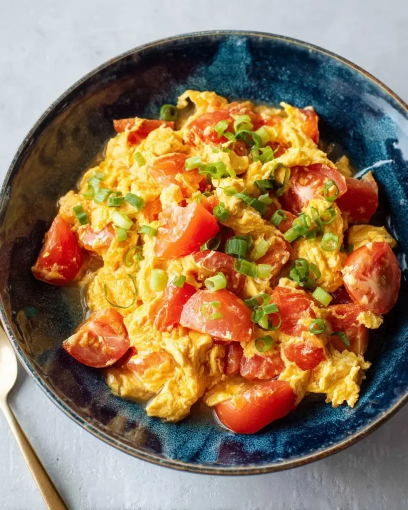 Rührei mit frischen Tomaten und Jasminreis auf einem Teller serviert