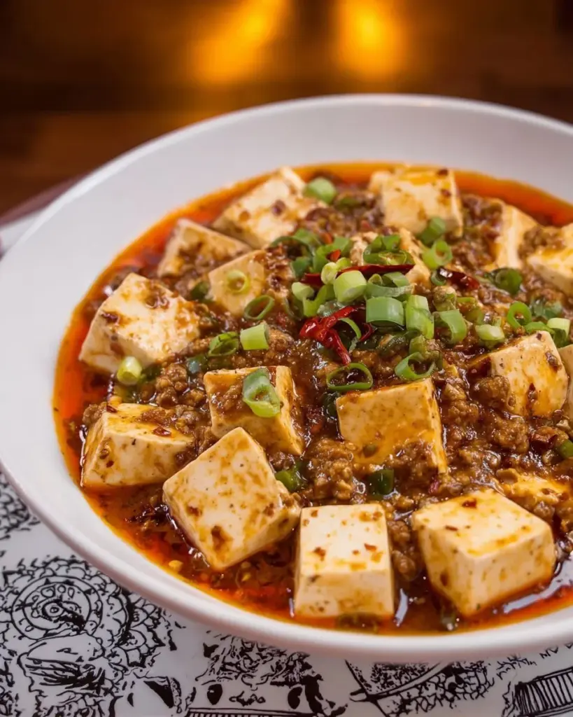 Scharfes und herzhaftes Mapo Tofu serviert mit Reis und frischem Gemüse