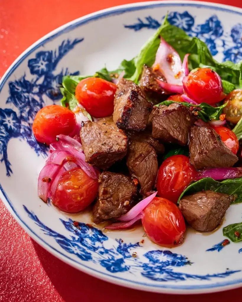 Schüttel-Rindfleisch-Delight auf einem Teller serviert, köstlich und appetitlich.