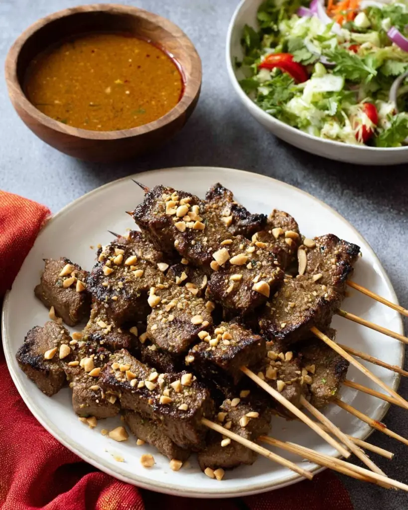 Sizzling Beef Satay mit thailändischer Erdnusssoße auf dem Grill