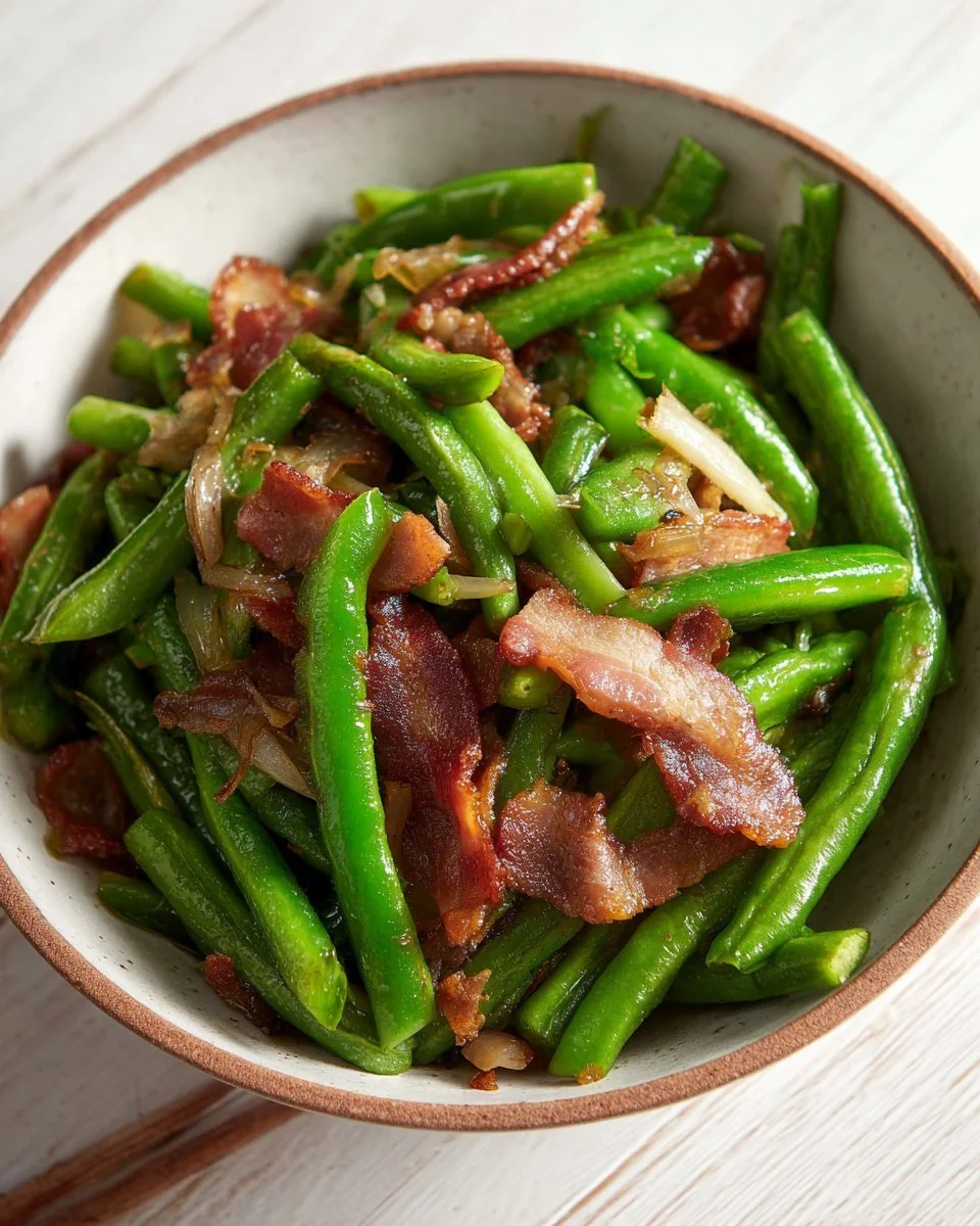 Lange Bohnen Pfannengericht mit knusprigem Speck in einer Pfanne
