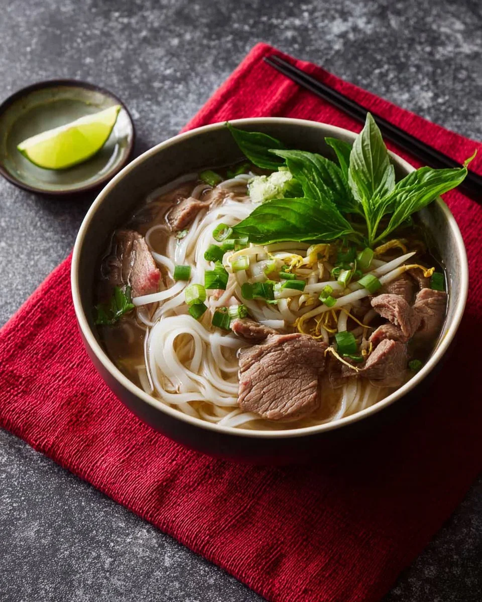 Tante's Signature Rindfleisch Pho in einer Schüssel mit frischen Kräutern und Gewürzen
