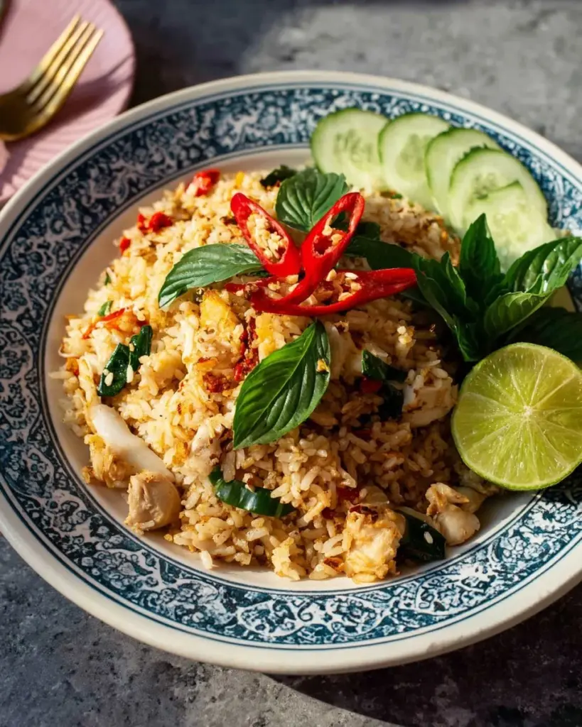 Thai-Basilikum-Hühnchen mit gebratenem Reis auf einem Teller