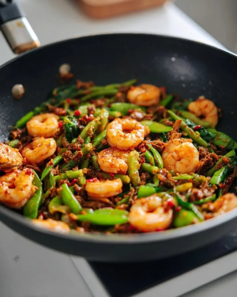 Thai Stinkbohnen-Pfanne (Pad Sataw) mit frischen Zutaten in einem Wok zubereitet
