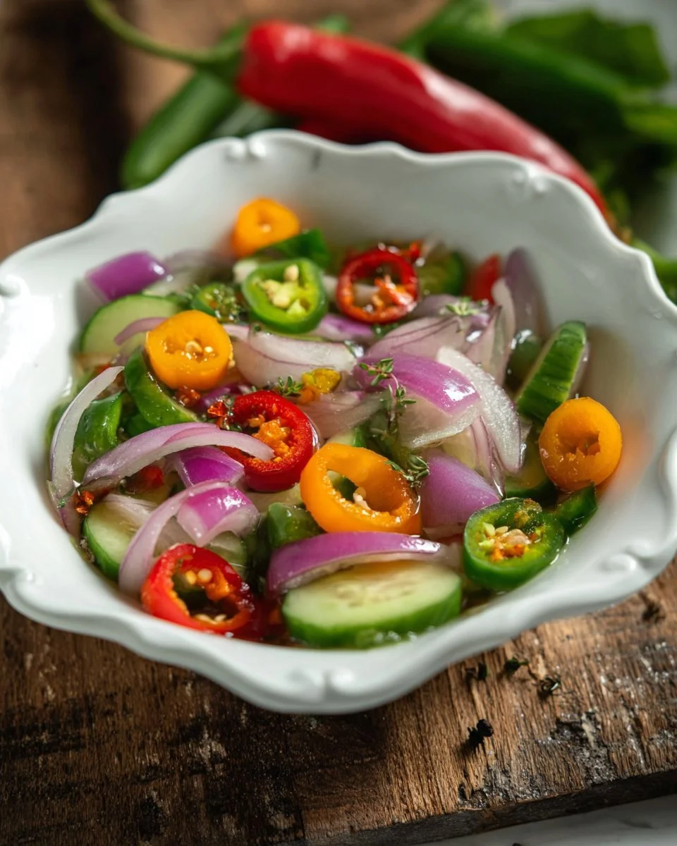 Thailändisches Gurkenrelish Ajaad in einer Schüssel auf einem Tisch
