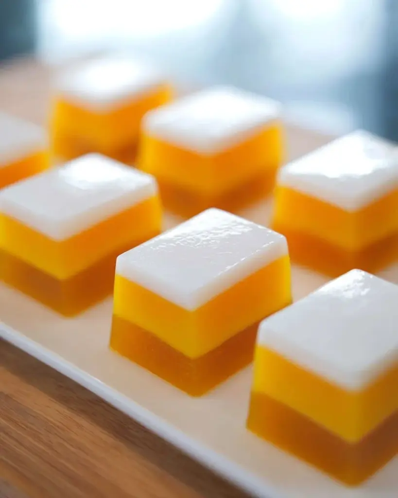 Rezept für Mango-Kokos-Jelly auf einem Teller serviert, mit frischen Früchten dekoriert.