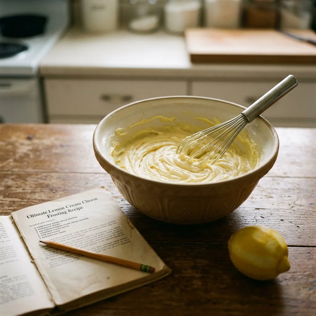 Zitronen-Frischkäse-Frosting auf einem Cupcake dekoriert mit Zitrone