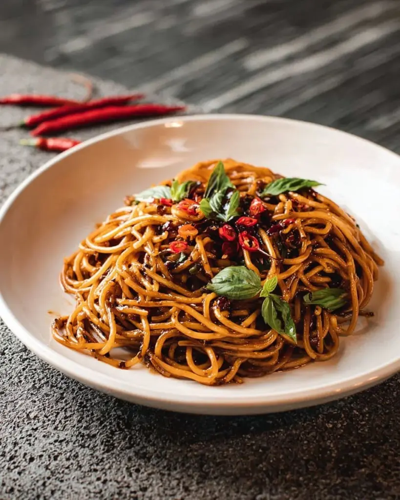 Schüssel mit Umami Chili Knoblauch Nudeln, verziert mit frischen Kräutern