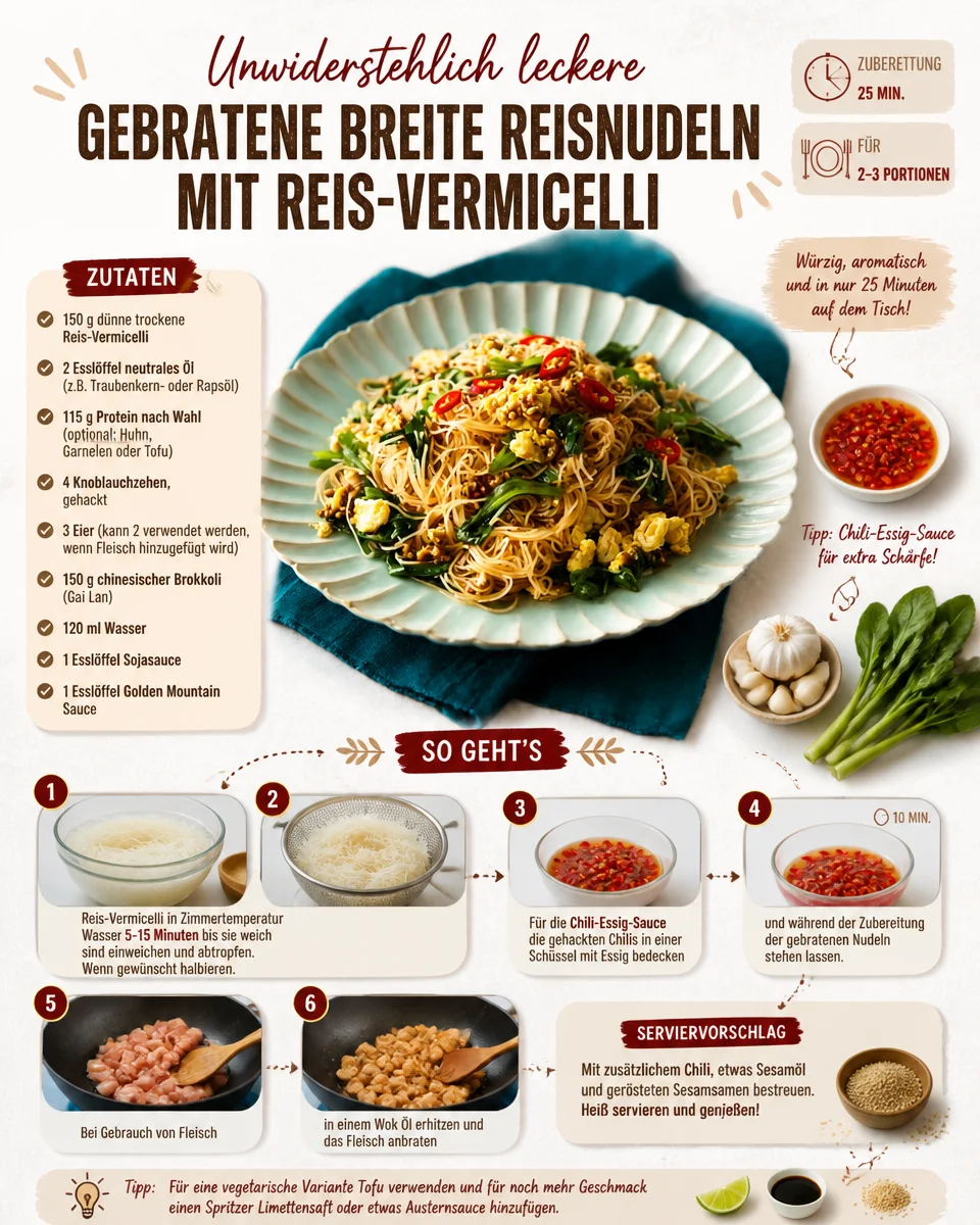 Unwiderstehlich leckere gebratene breite Reisnudeln mit Reis-Vermicelli