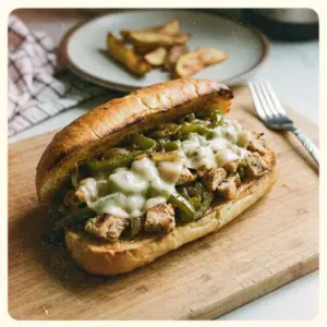 Köstliche Chicken Philly Cheese Steaks auf einem Teller serviert.