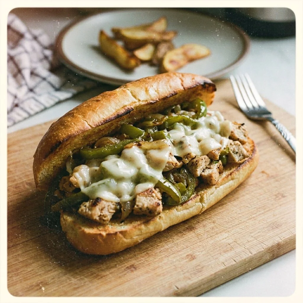 Köstliche Chicken Philly Cheese Steaks auf einem Teller serviert.