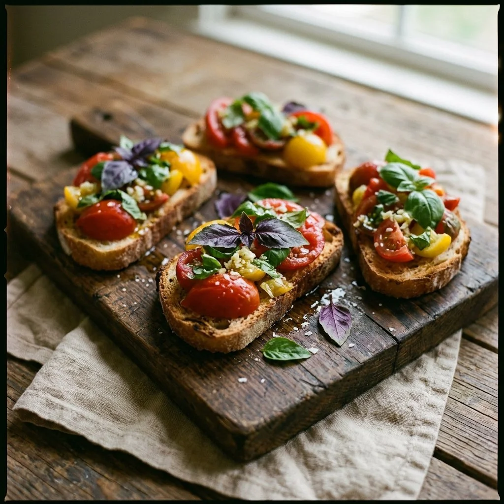 Leckere und frische Tomatenbruschetta mit Basilikum und Olivenöl serviert.