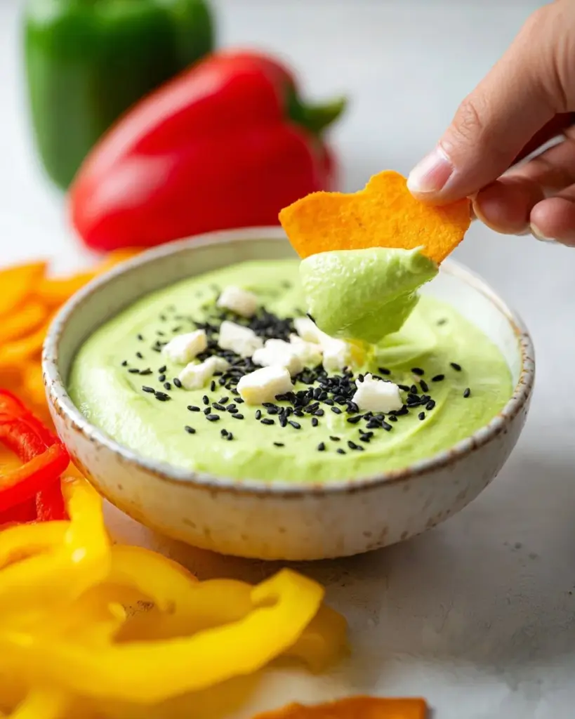 Cremiger Edamame-Hummus in einer Schüssel mit frischem Gemüse zum Dippen
