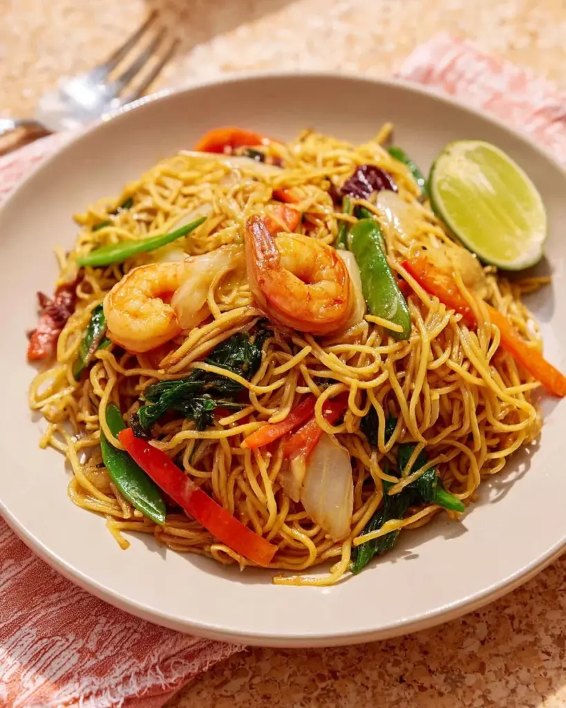 Schmackhaftes philippinisches Gericht mit Pancit Canton und frischem Gemüse.