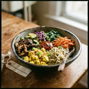 Leckeres veganes Bibimbap mit buntem Gemüse und Tofu