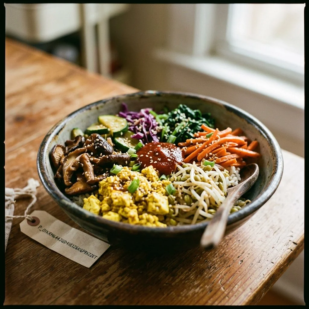 Leckeres veganes Bibimbap mit buntem Gemüse und Tofu