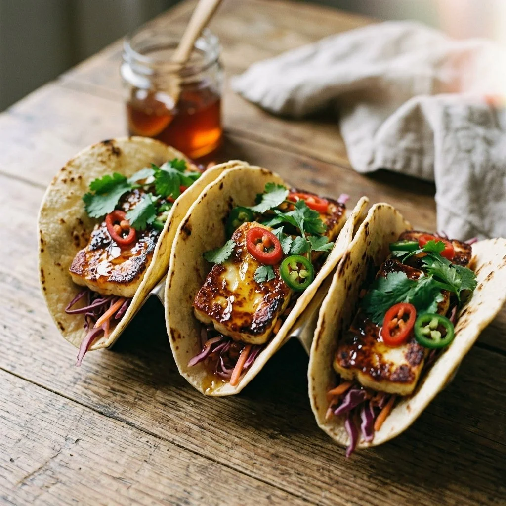Vegetarische Hot Honey Halloumi Tacos mit würziger Sauce und frischem Gemüse