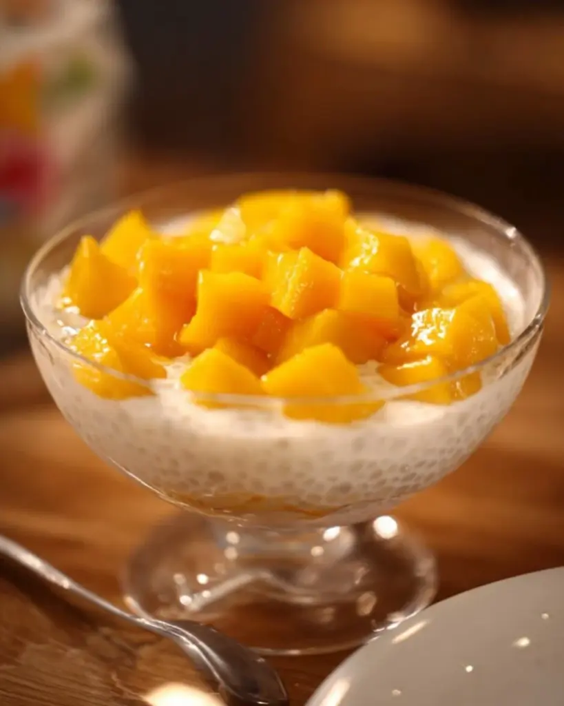 Wunderbares echtes Sago-Pudding in einer Schüssel serviert, dekoriert mit Früchten.