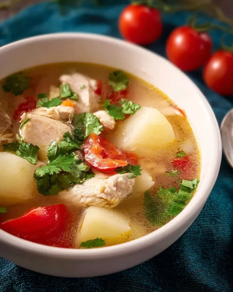 Würzige Thai-Hühnchen-Kartoffelsuppe mit frischen Zutaten in einer Schüssel serviert.