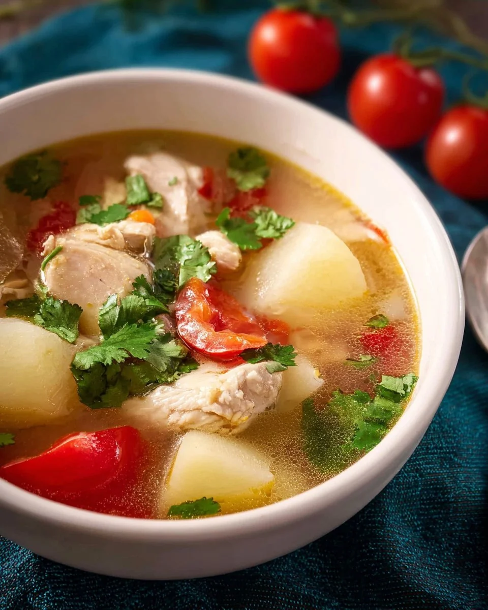 Würzige Thai-Hühnchen-Kartoffelsuppe mit frischen Zutaten in einer Schüssel serviert.