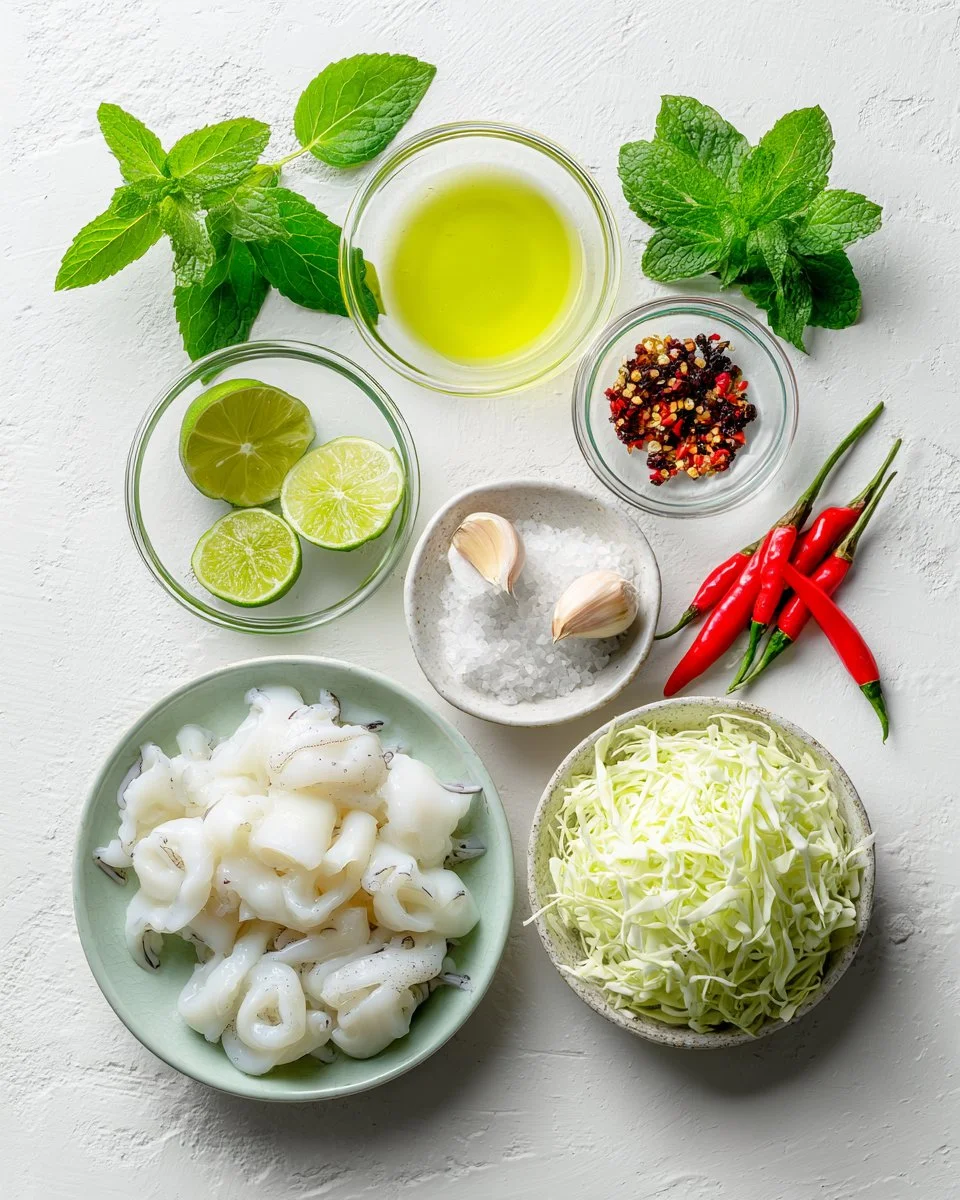 Würziger thailändischer gedämpfter Tintenfisch in Limettensauce