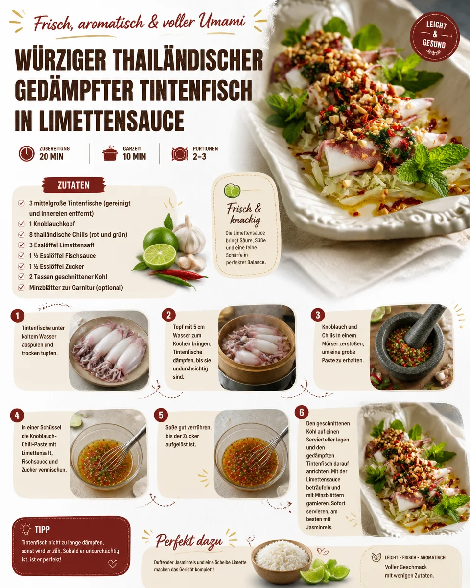 Würziger thailändischer gedämpfter Tintenfisch in Limettensauce