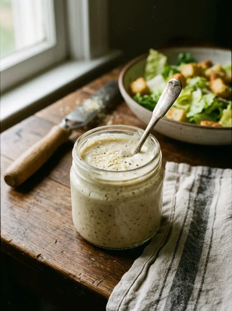 Hausgemachtes Caesar-Salat-Dressing in einer Schüssel mit frischen Zutaten
