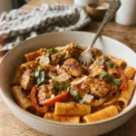Eine Portion schmackhafte Cajun-Hühnchen-Pasta mit frischem Gemüse auf einem Teller.