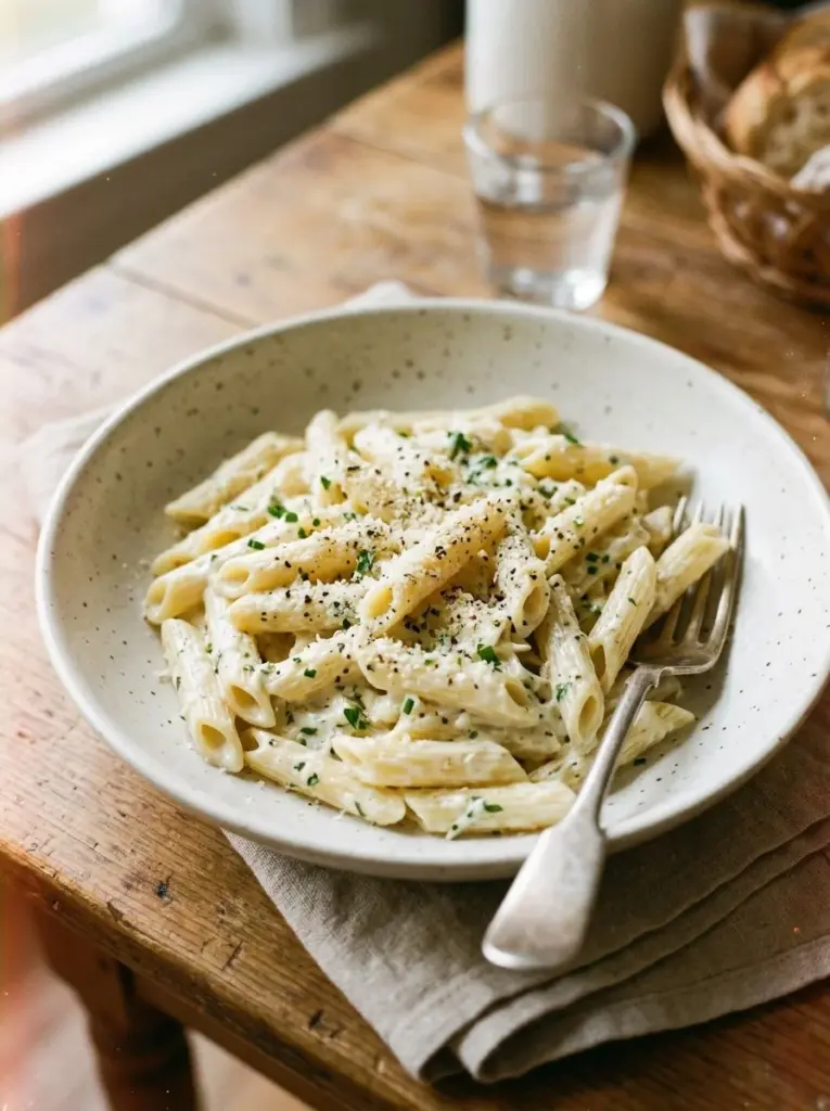 Cremige Boursin-Pasta in einer Schüssel serviert.