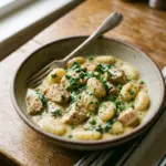 Cremige Hähnchen-Gnocchi serviert mit frischen Kräutern und Gemüse