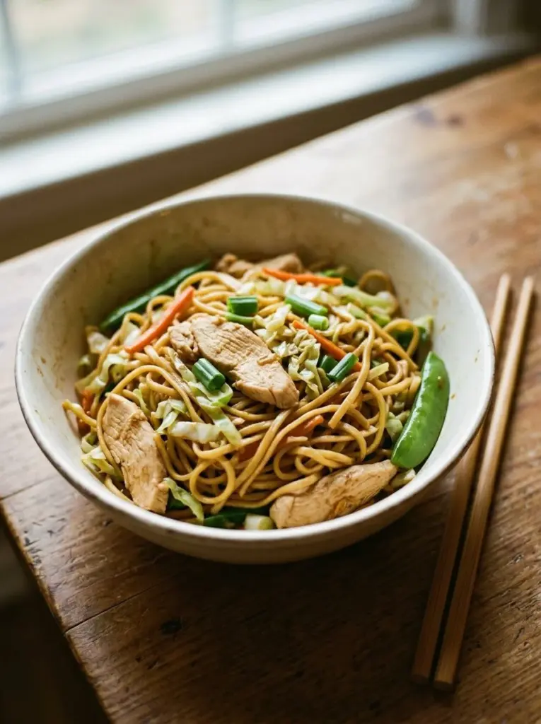 Schüssel mit einfachem Hähnchen Lo Mein, Nudelgericht mit Gemüse und Hähnchen.