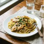 Einfache Hühnchen Piccata Pasta - leuchtende Farben und appetitliche Präsentation